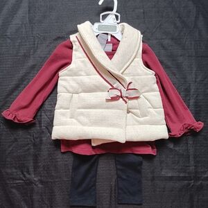 Tahari Ivory Quilted Vest with Burgundy Top and Black Leggings